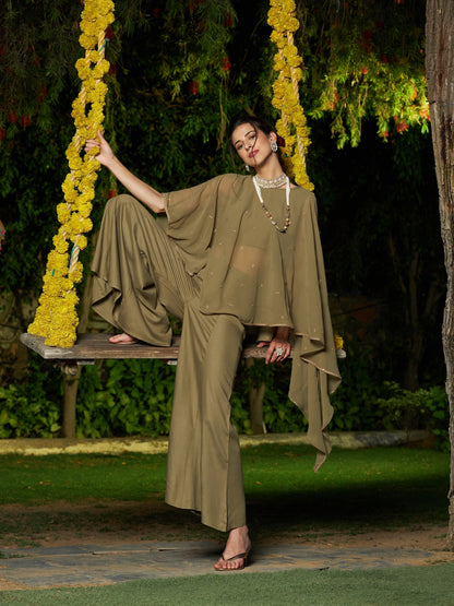 Olive Crop Top With Palazzo And Emb Asymmetric Shrug