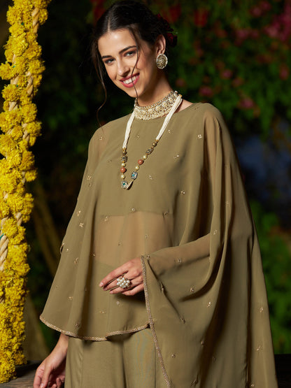 Olive Crop Top With Palazzo And Emb Asymmetric Shrug