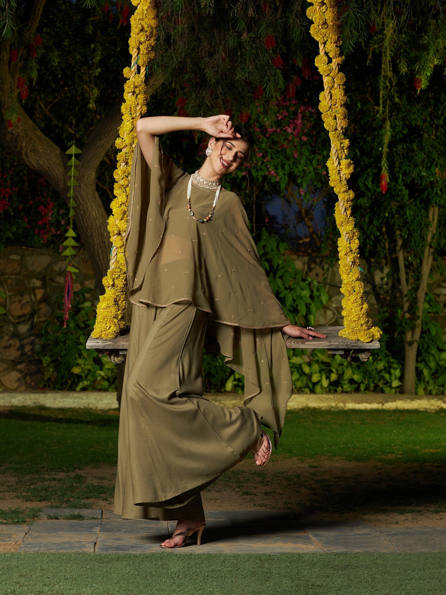 Olive Crop Top With Palazzo And Emb Asymmetric Shrug