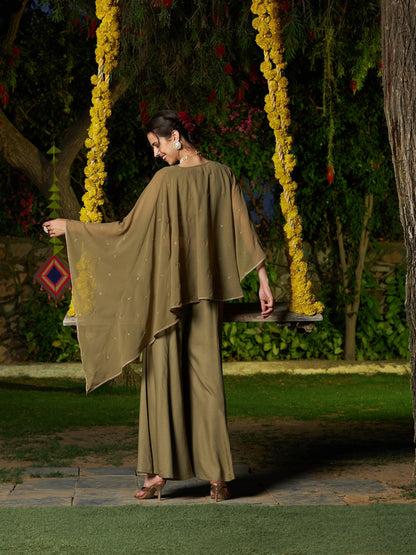 Olive Crop Top With Palazzo And Emb Asymmetric Shrug