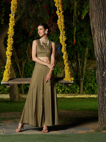 Olive Crop Top With Palazzo And Emb Asymmetric Shrug