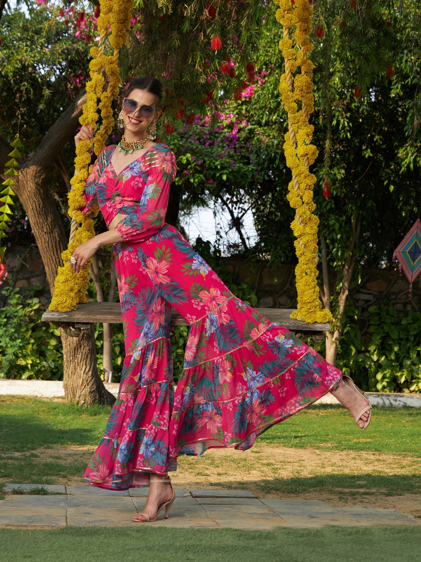 Pink Floral Puff Sleeves Crop Top With Tiered Sharara