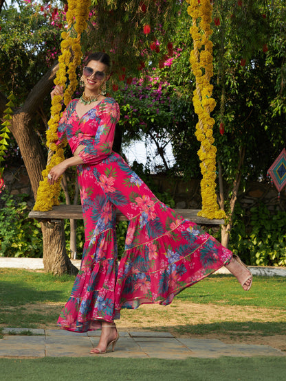 Pink Floral Puff Sleeves Crop Top With Tiered Sharara