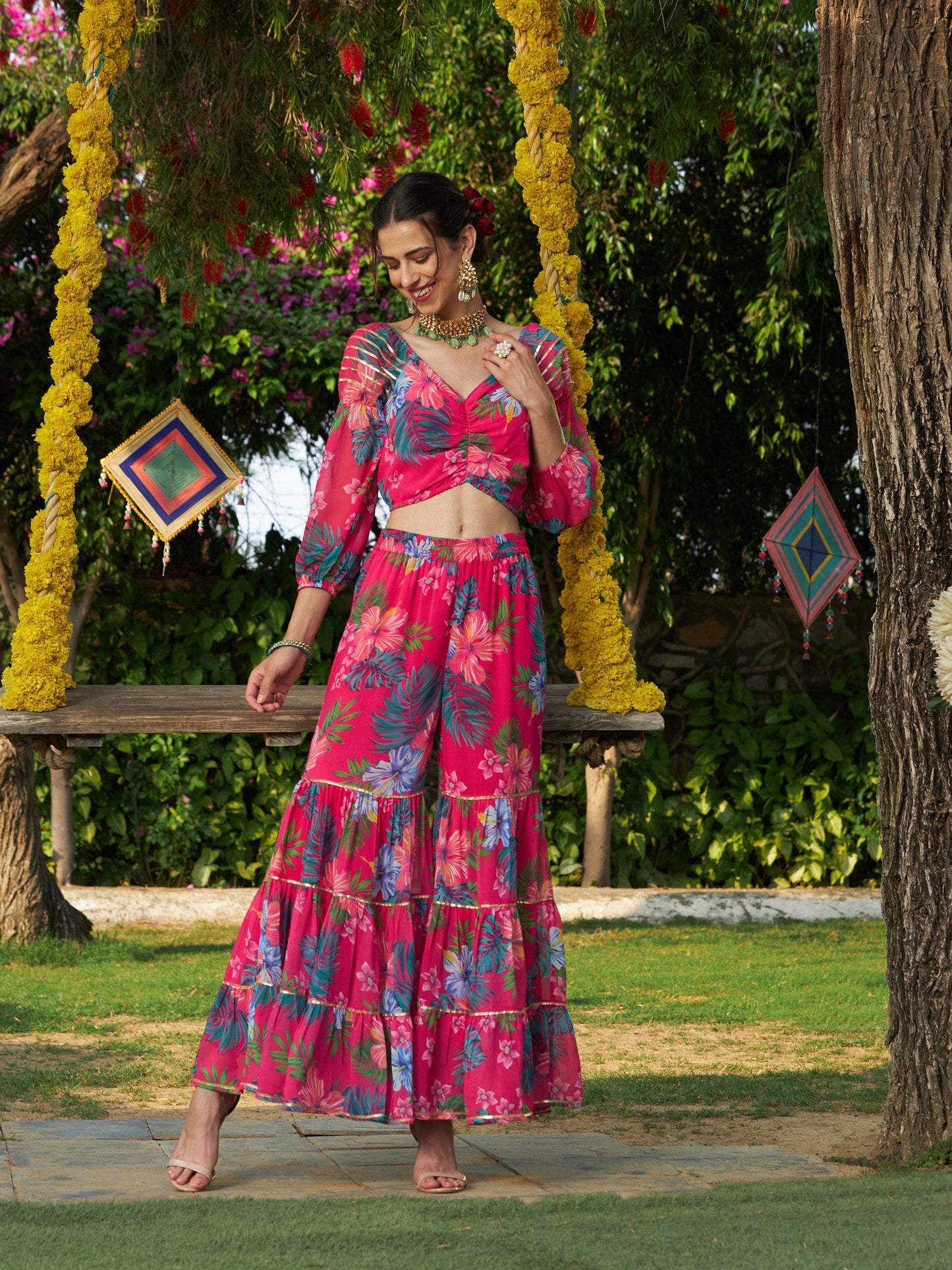 Pink Floral Puff Sleeves Crop Top With Tiered Sharara