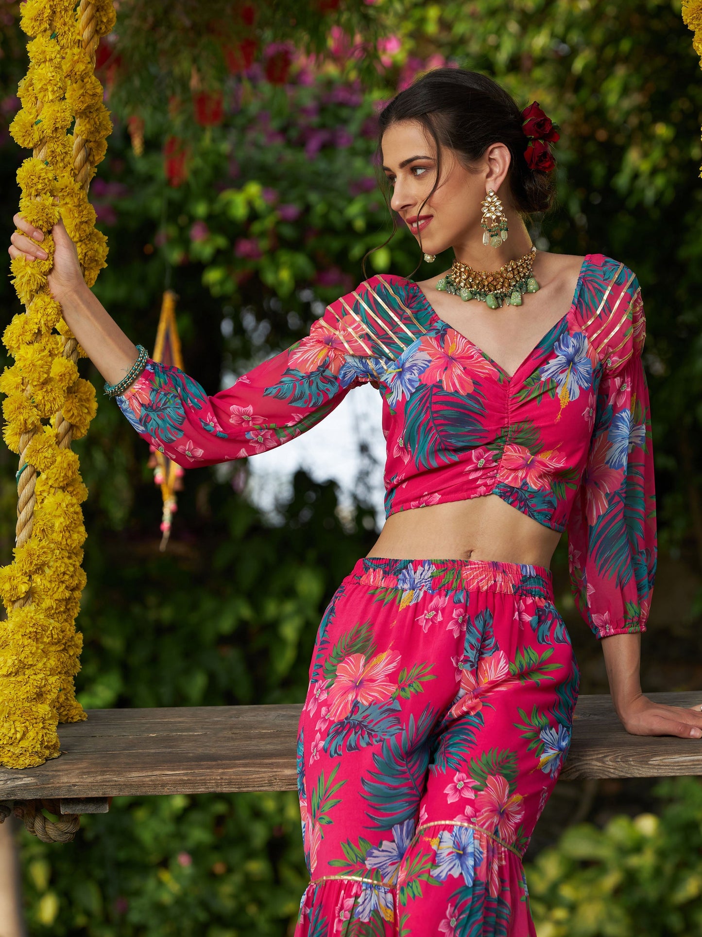 Pink Floral Puff Sleeves Crop Top With Tiered Sharara