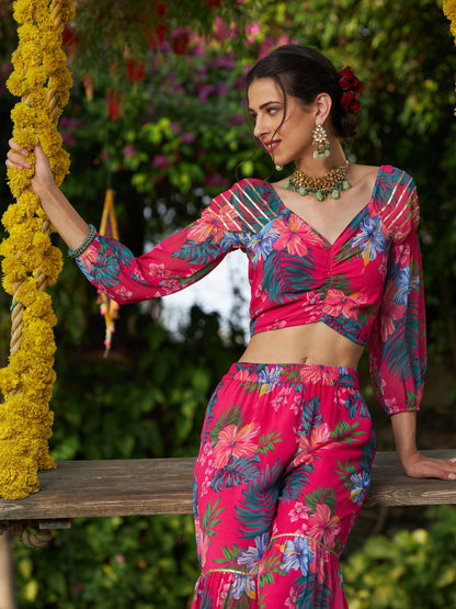 Pink Floral Puff Sleeves Crop Top With Tiered Sharara