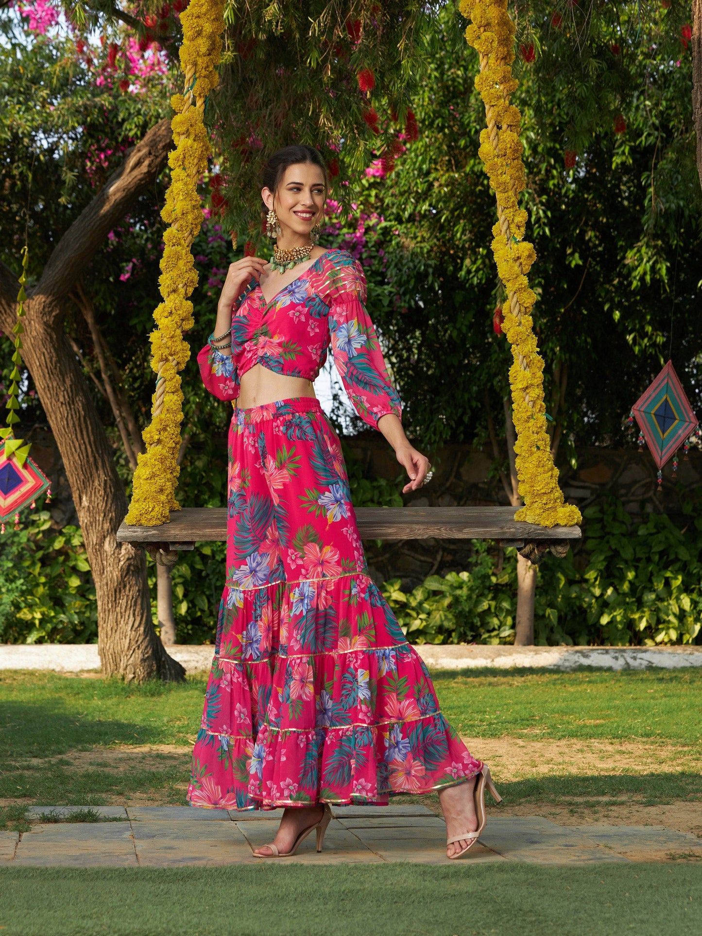 Pink Floral Puff Sleeves Crop Top With Tiered Sharara
