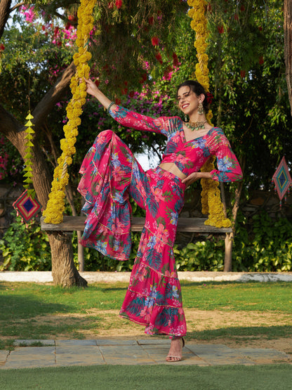 Pink Floral Puff Sleeves Crop Top With Tiered Sharara