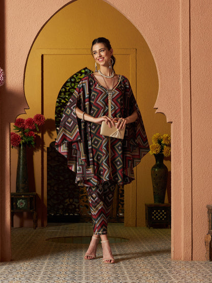 Maroon Multi Chevron Kaftan Top With Pencil Pants