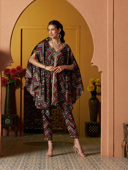 Maroon Multi Chevron Kaftan Top With Pencil Pants