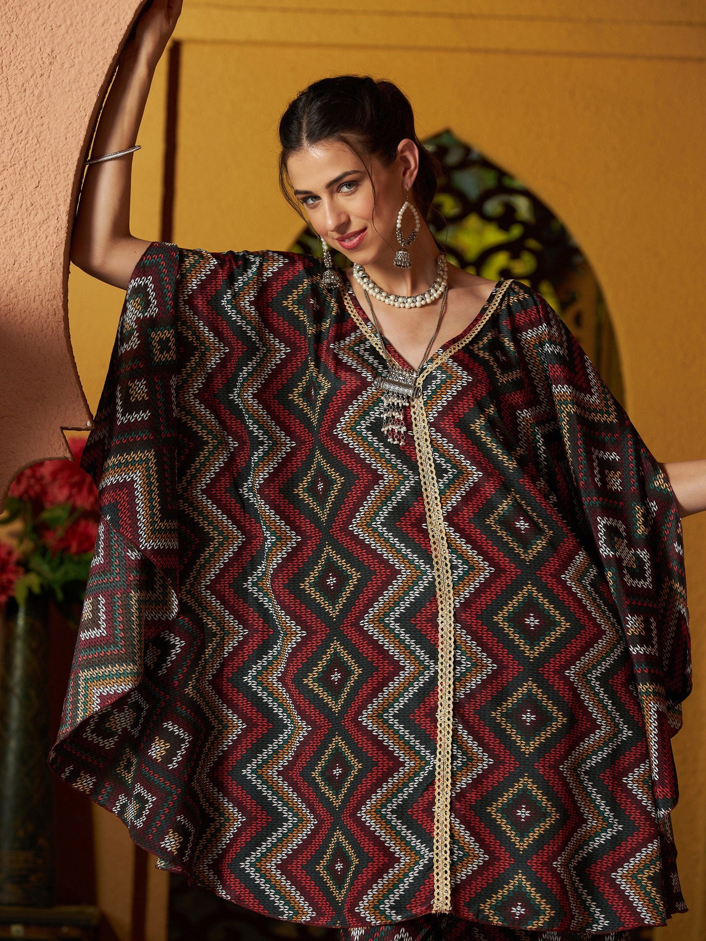 Maroon Multi Chevron Kaftan Top With Pencil Pants
