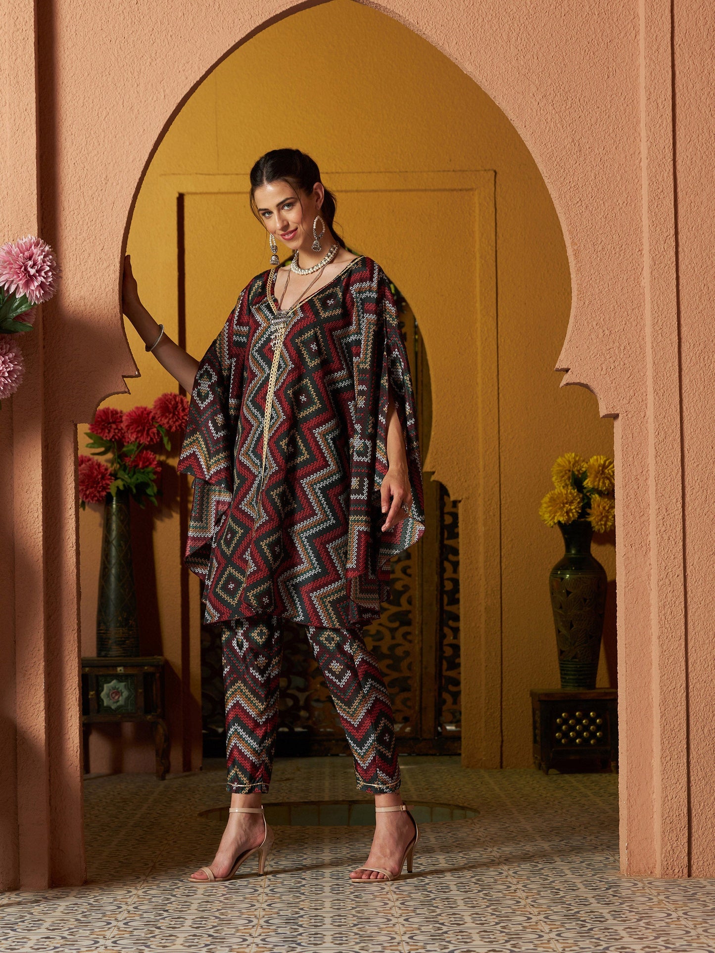 Maroon Multi Chevron Kaftan Top With Pencil Pants