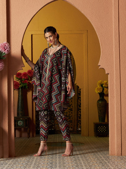 Maroon Multi Chevron Kaftan Top With Pencil Pants