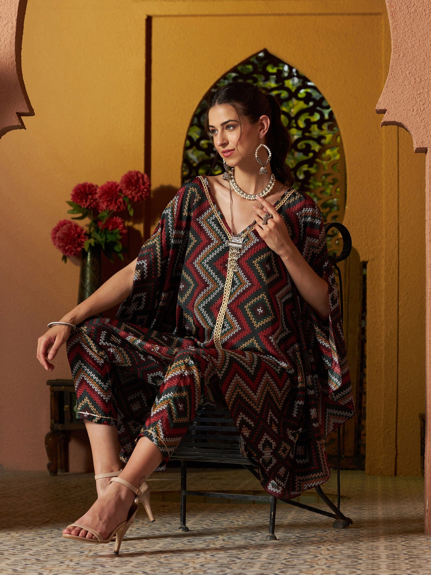 Maroon Multi Chevron Kaftan Top With Pencil Pants