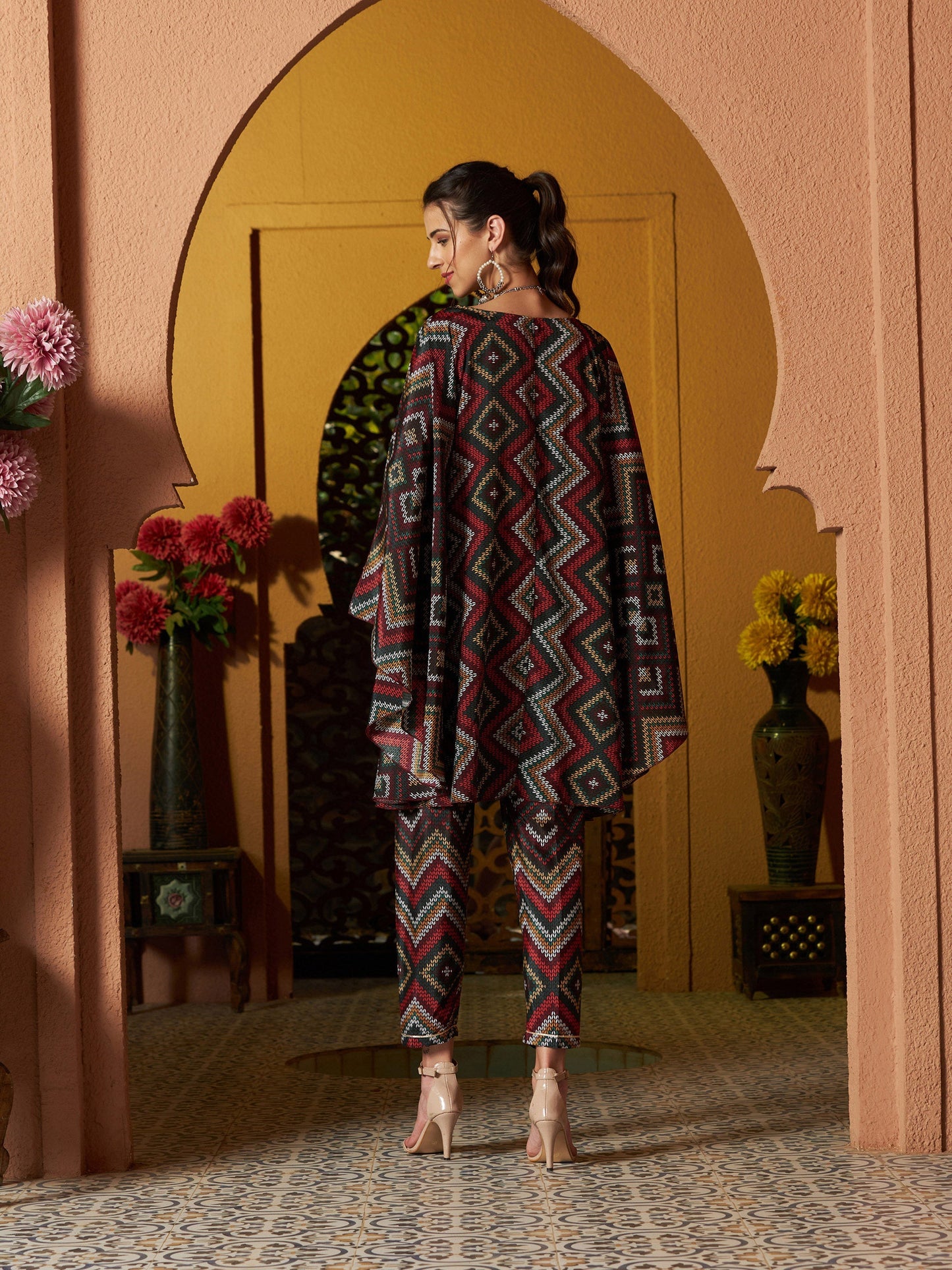 Maroon Multi Chevron Kaftan Top With Pencil Pants