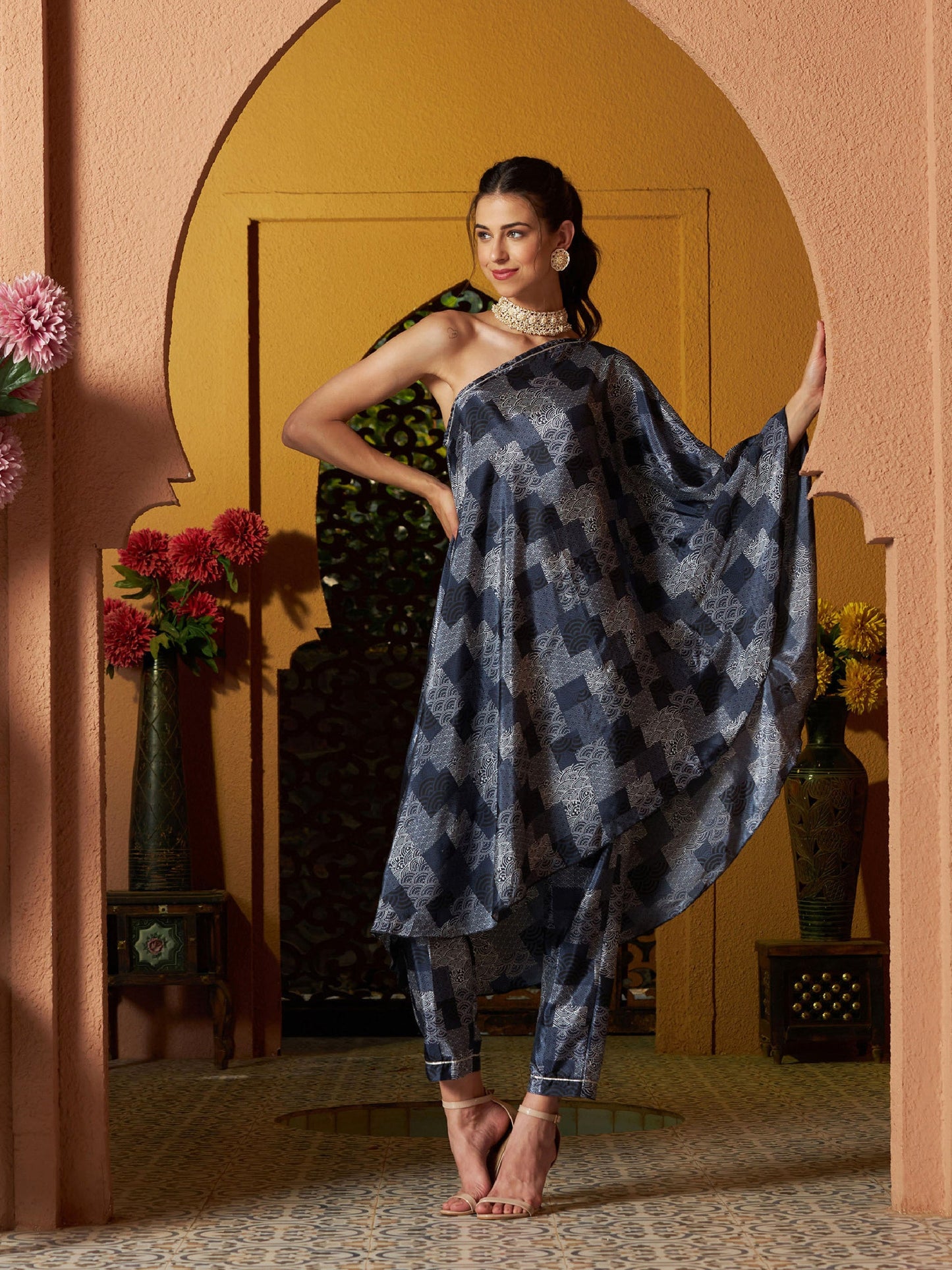 Navy Geo Floral One Shoulder Kaftan With Pants