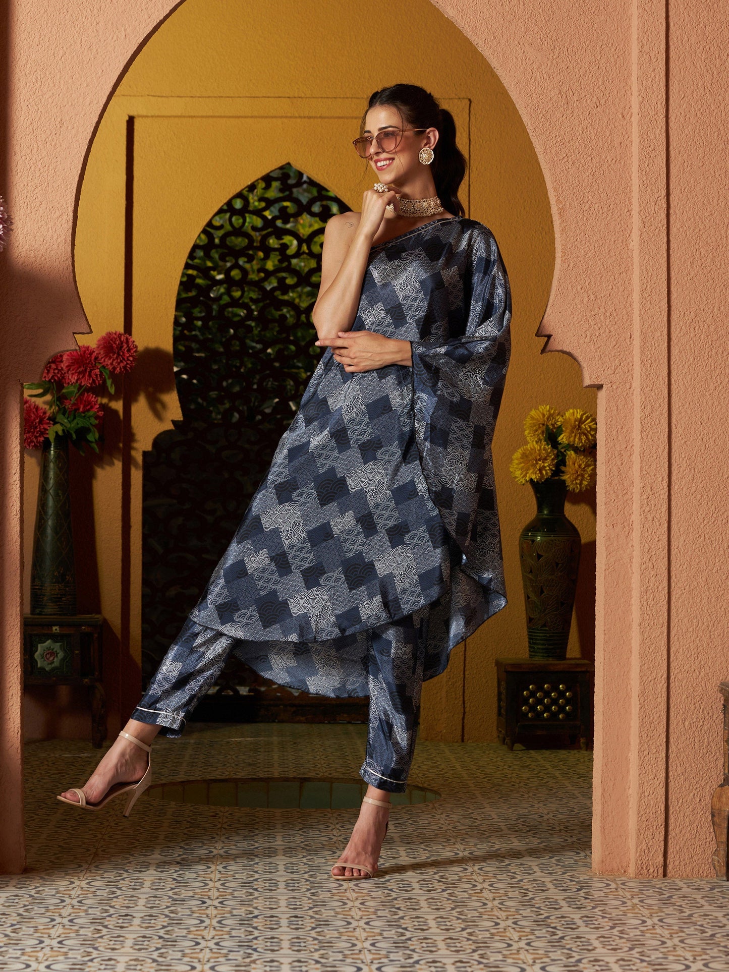 Navy Geo Floral One Shoulder Kaftan With Pants