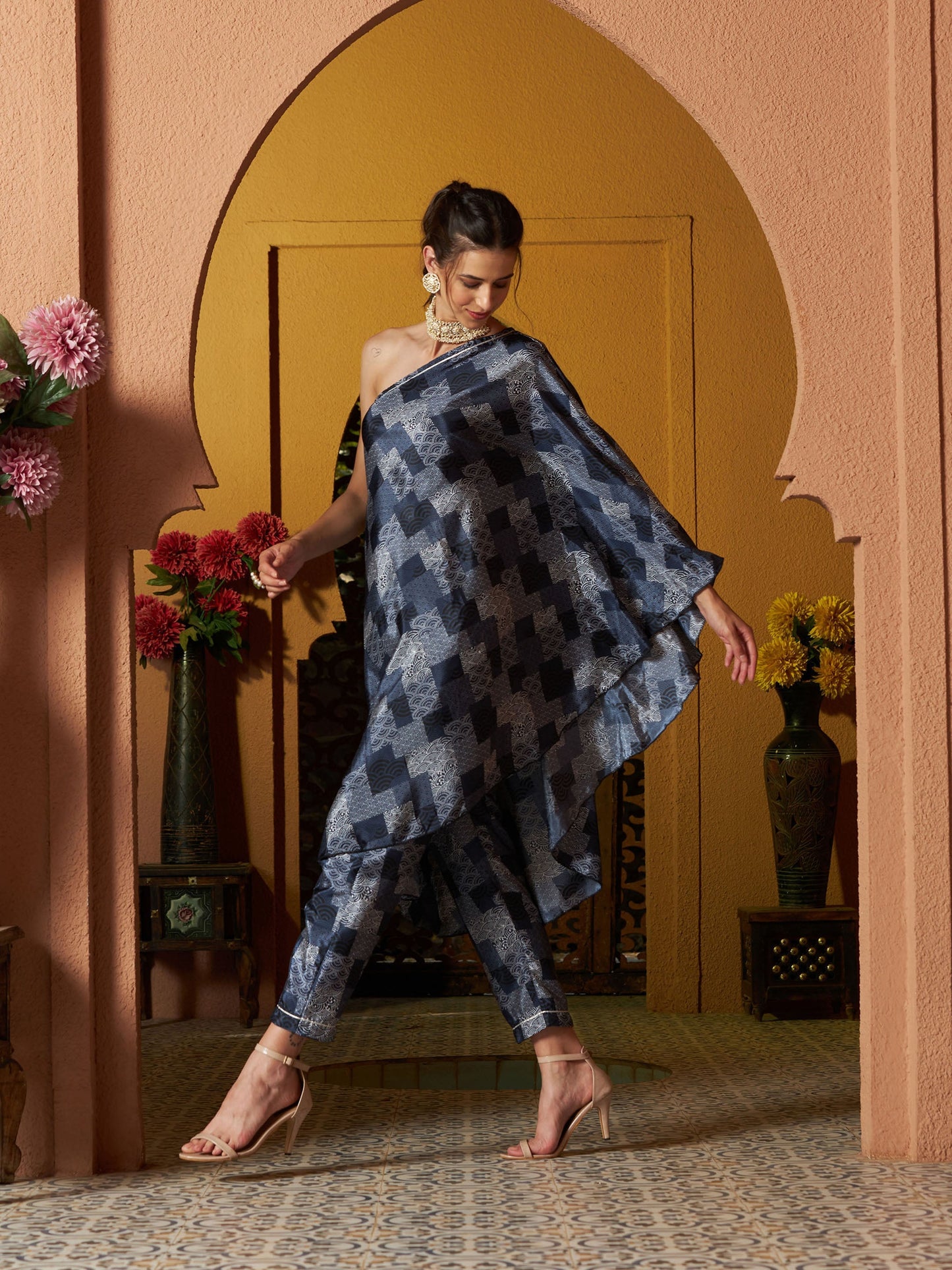 Navy Geo Floral One Shoulder Kaftan With Pants