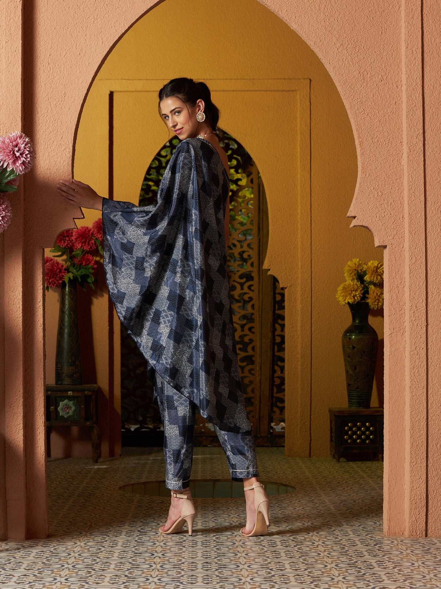 Navy Geo Floral One Shoulder Kaftan With Pants