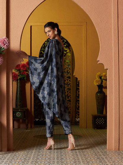 Navy Geo Floral One Shoulder Kaftan With Pants