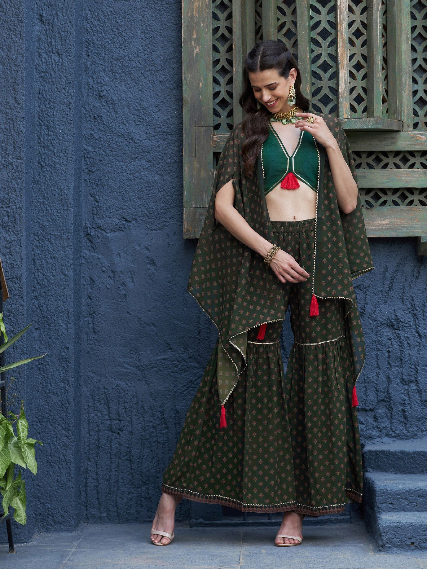 Green Floral Sharara with Cape and Solid Crop Top