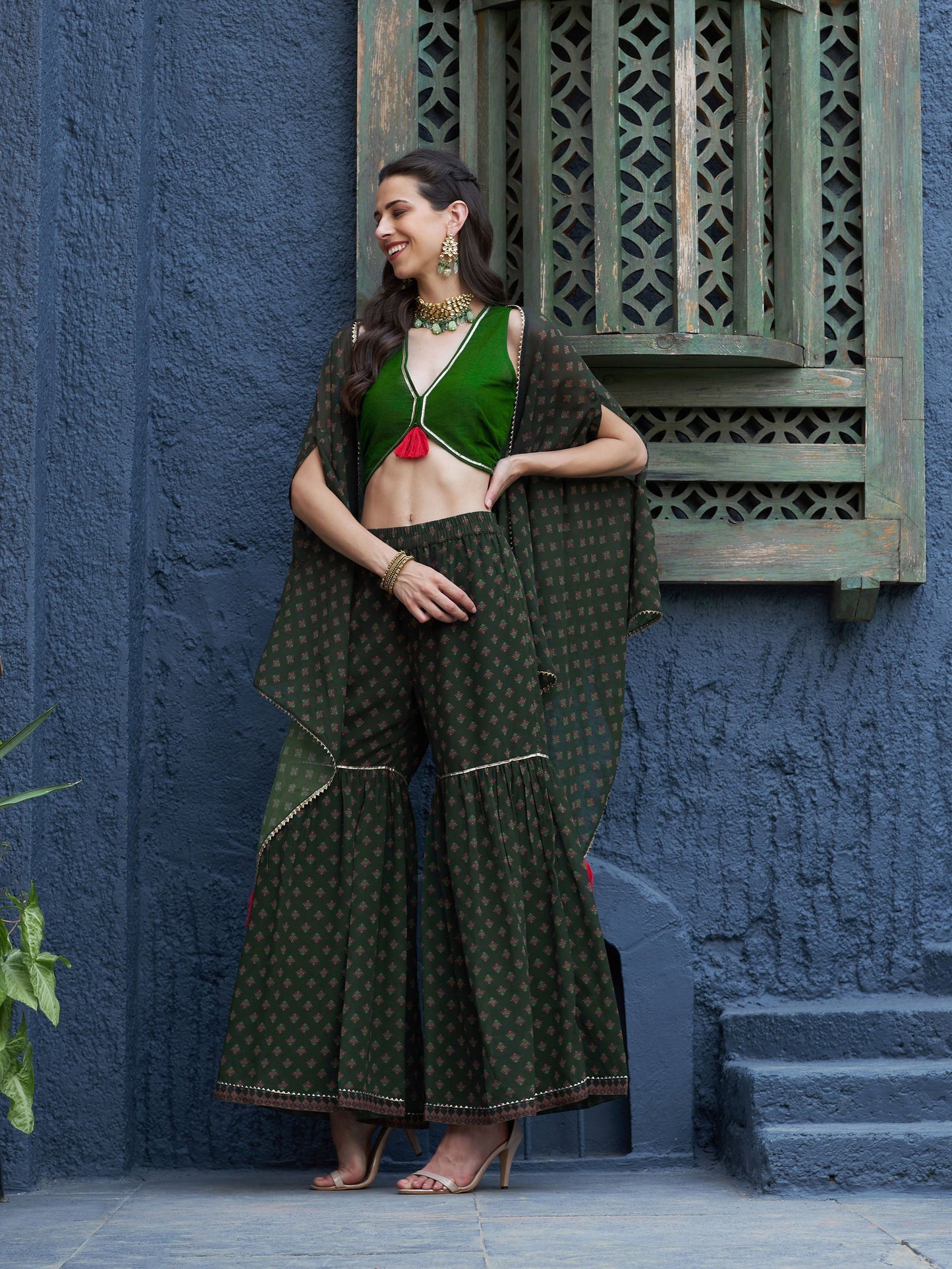 Green Floral Sharara with Cape and Solid Crop Top