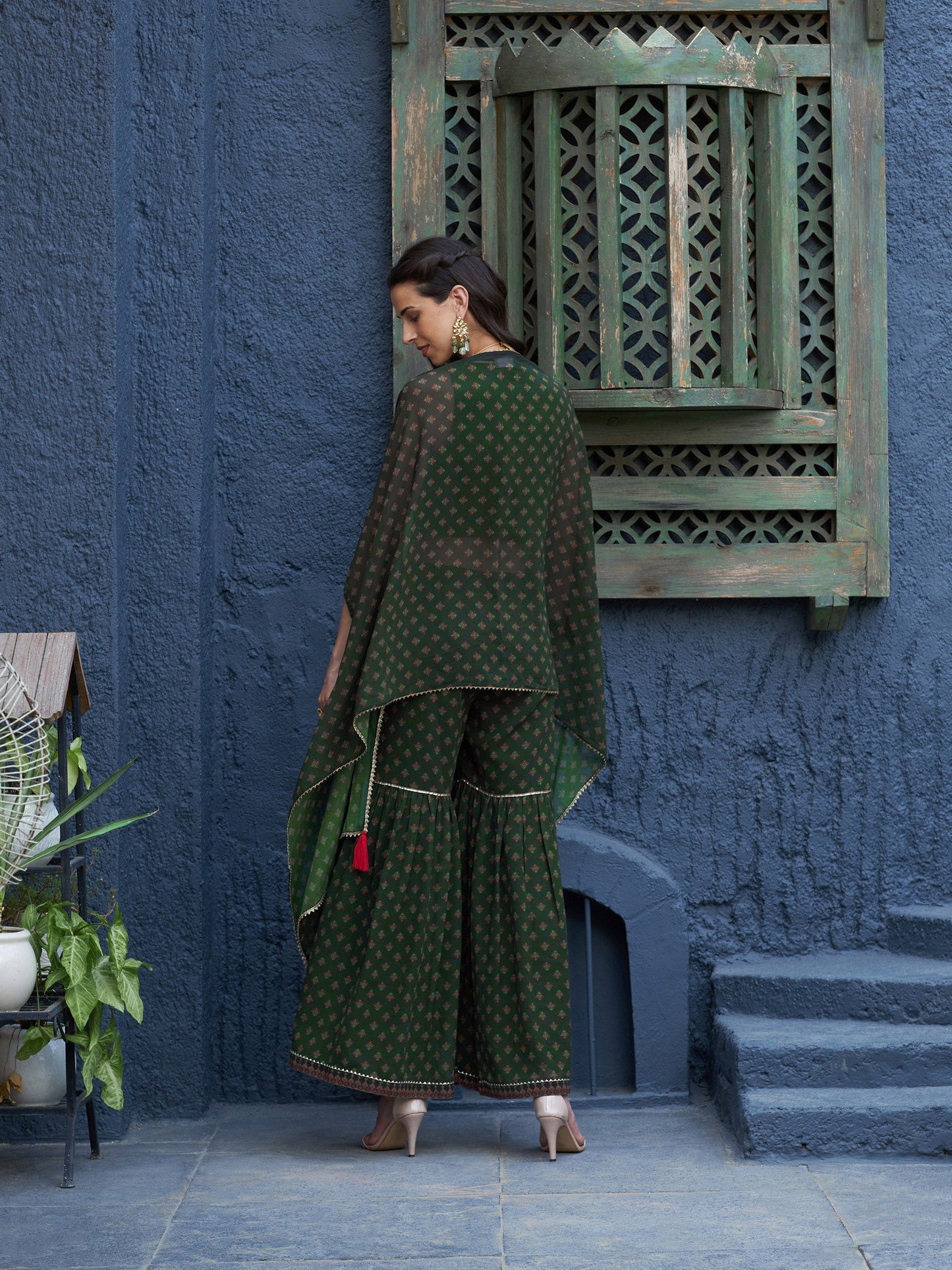 Green Floral Sharara with Cape and Solid Crop Top