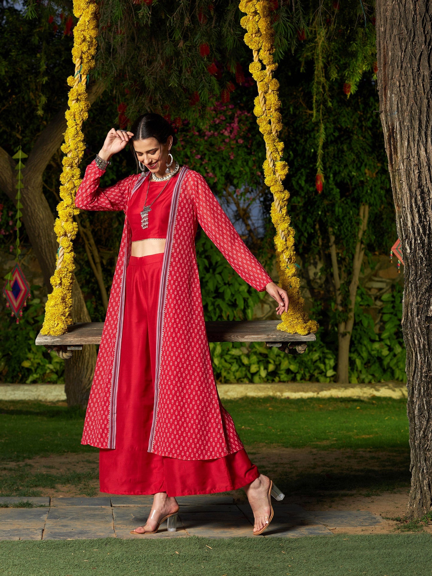 Red Crop Top With A-Line Pants And Floral Shrug