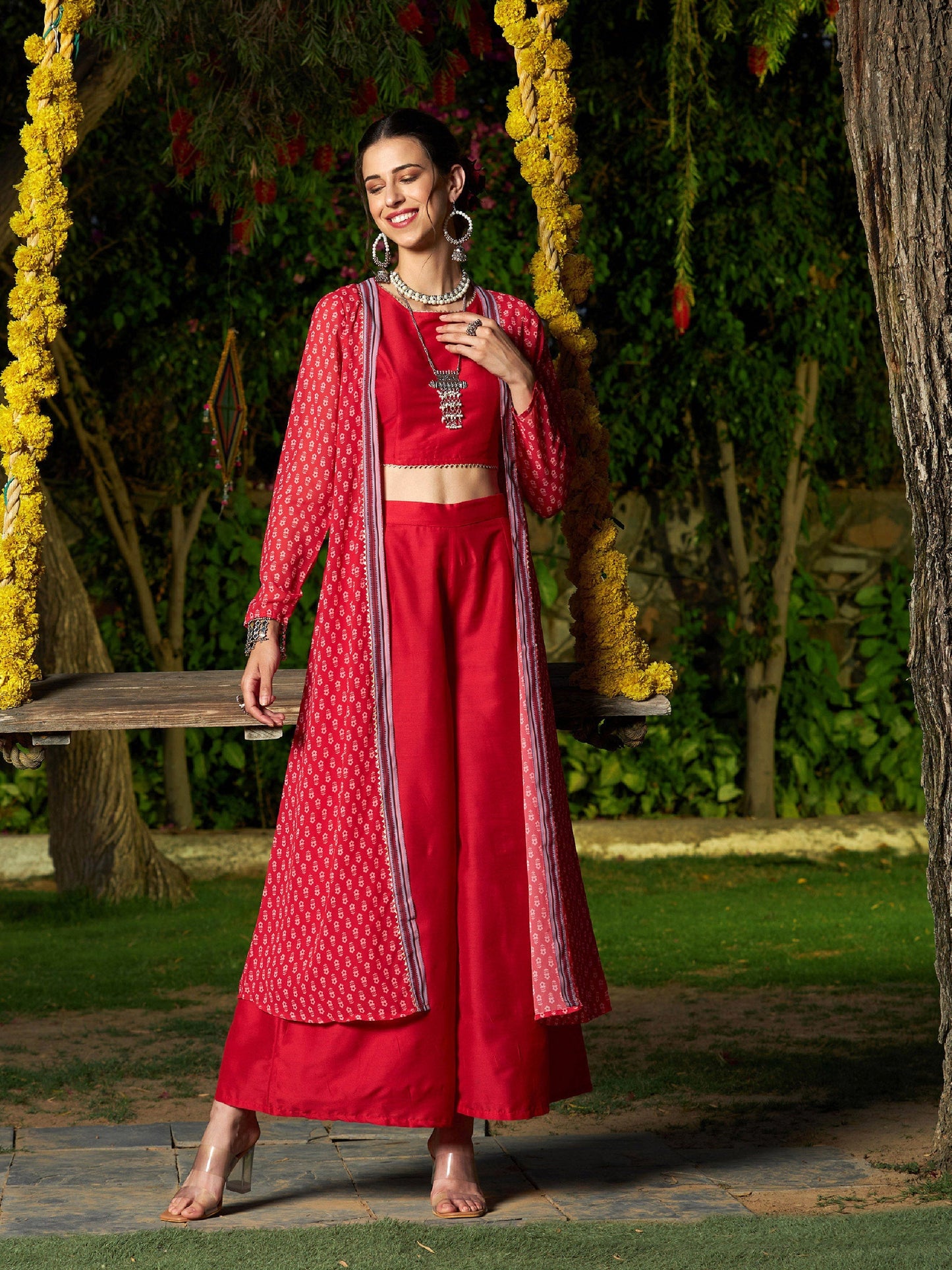 Red Crop Top With A-Line Pants And Floral Shrug