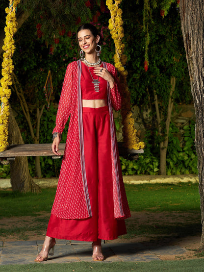 Red Crop Top With A-Line Pants And Floral Shrug