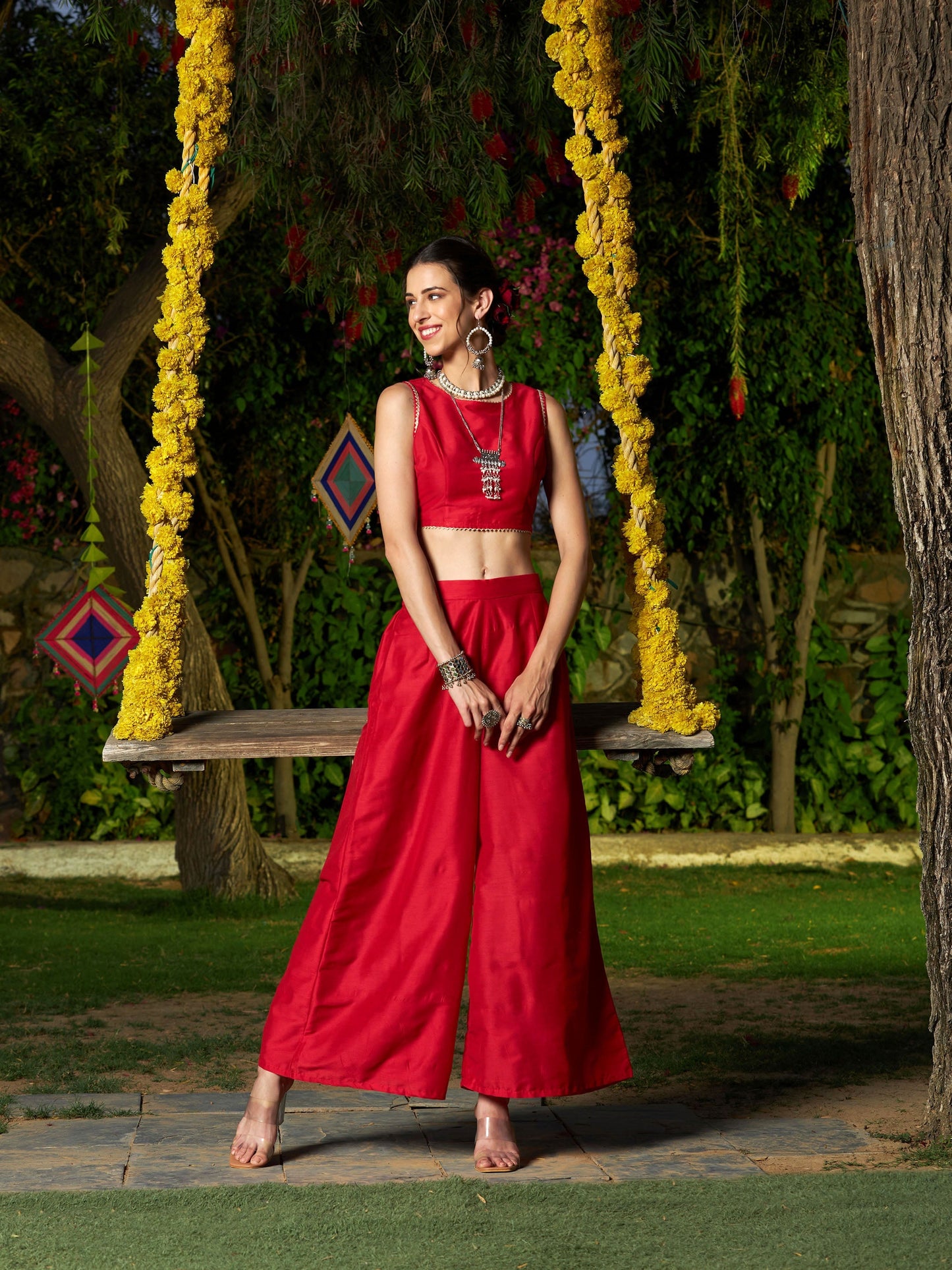 Red Crop Top With A-Line Pants And Floral Shrug