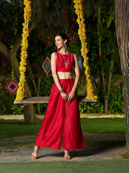 Red Crop Top With A-Line Pants And Floral Shrug