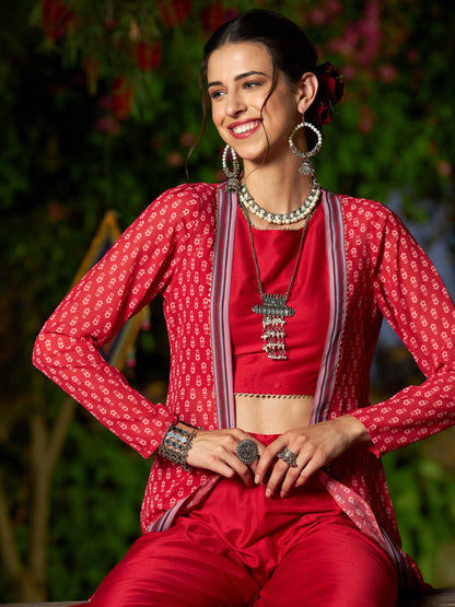 Red Crop Top With A-Line Pants And Floral Shrug