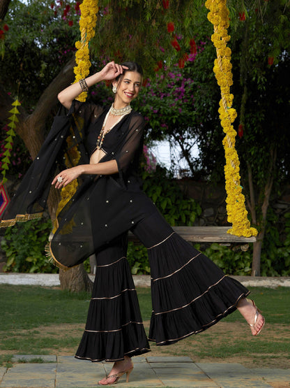 Black Crop Top With Tiered Sharara And Emb Cape