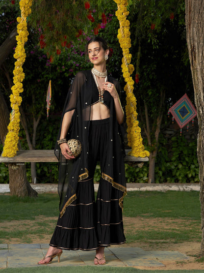 Black Crop Top With Tiered Sharara And Emb Cape
