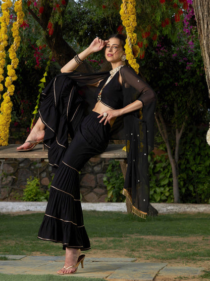 Black Crop Top With Tiered Sharara And Emb Cape