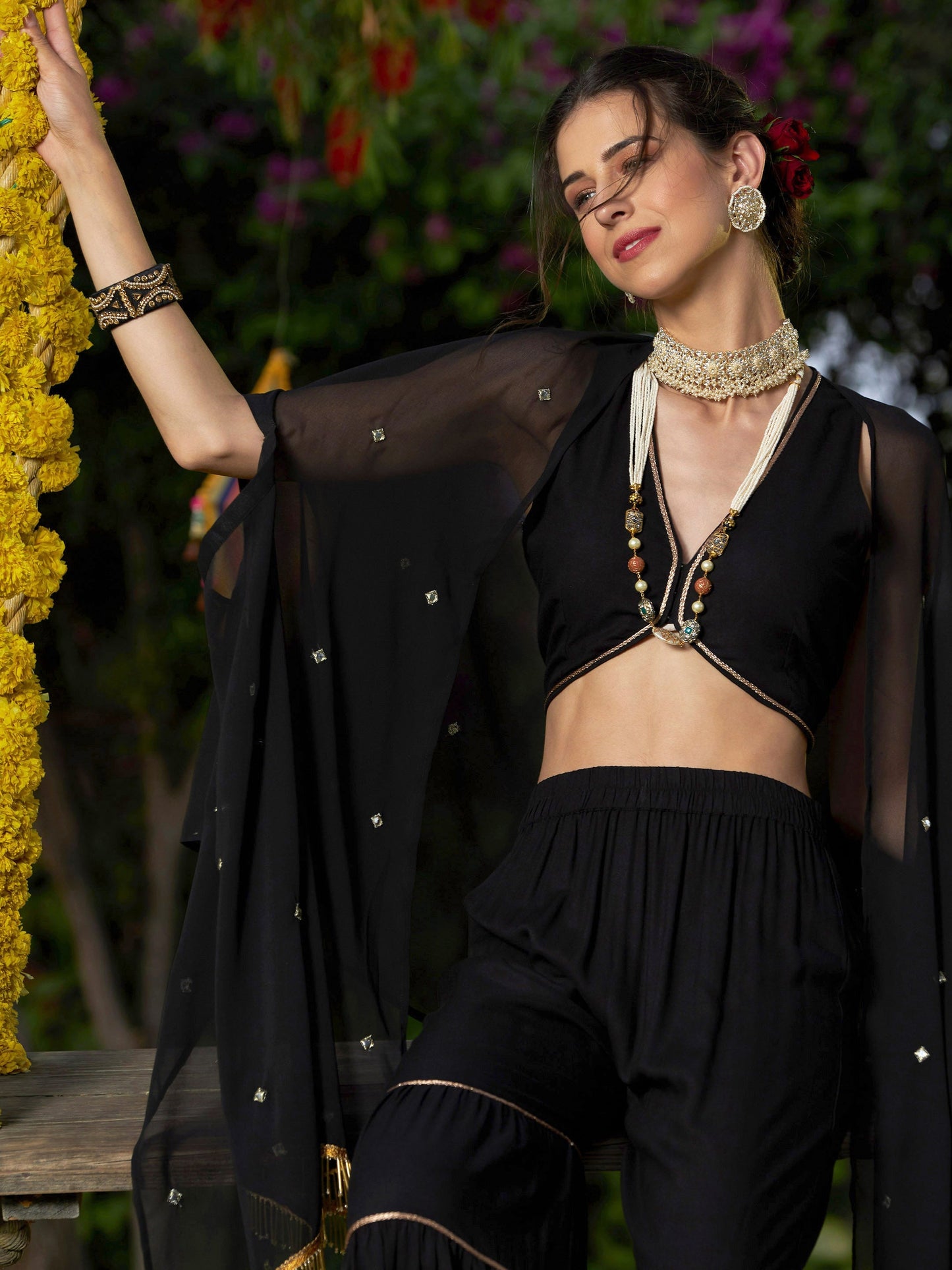 Black Crop Top With Tiered Sharara And Emb Cape