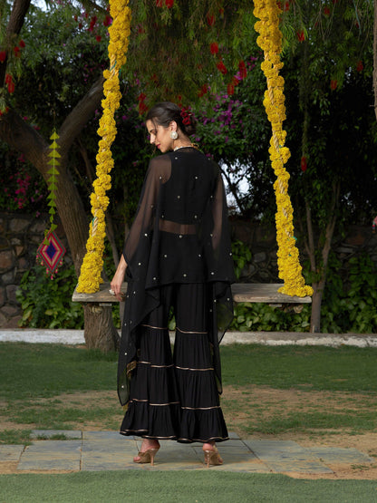 Black Crop Top With Tiered Sharara And Emb Cape