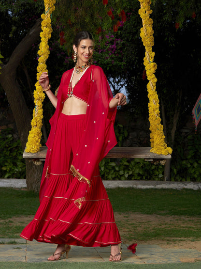 Red Crop Top With Tiered Sharara And Emb Cape