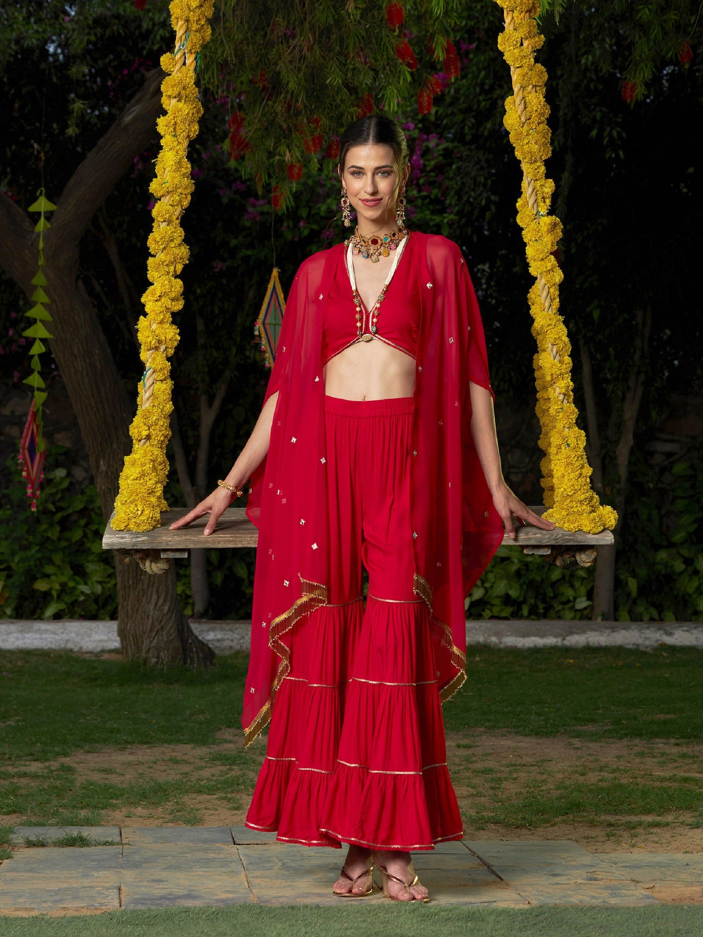 Red Crop Top With Tiered Sharara And Emb Cape