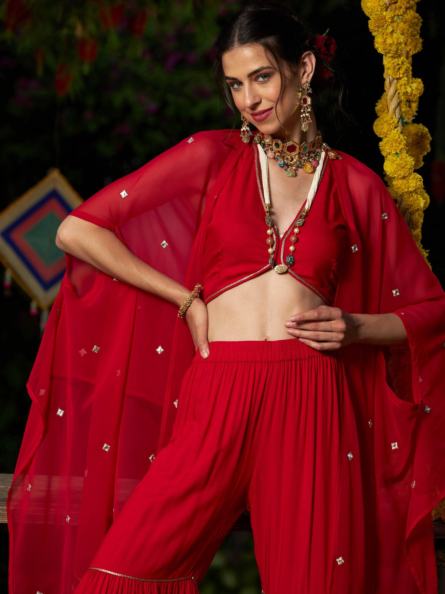Red Crop Top With Tiered Sharara And Emb Cape