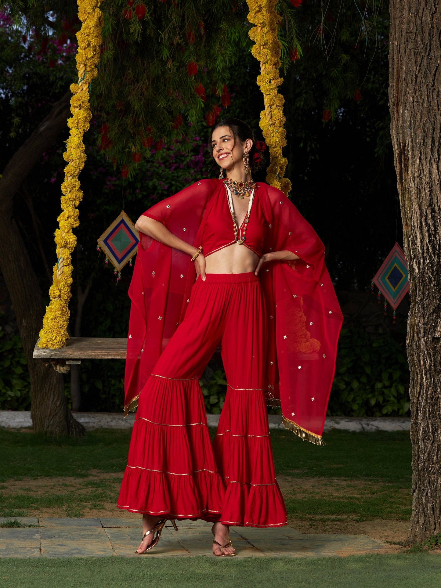 Red Crop Top With Tiered Sharara And Emb Cape