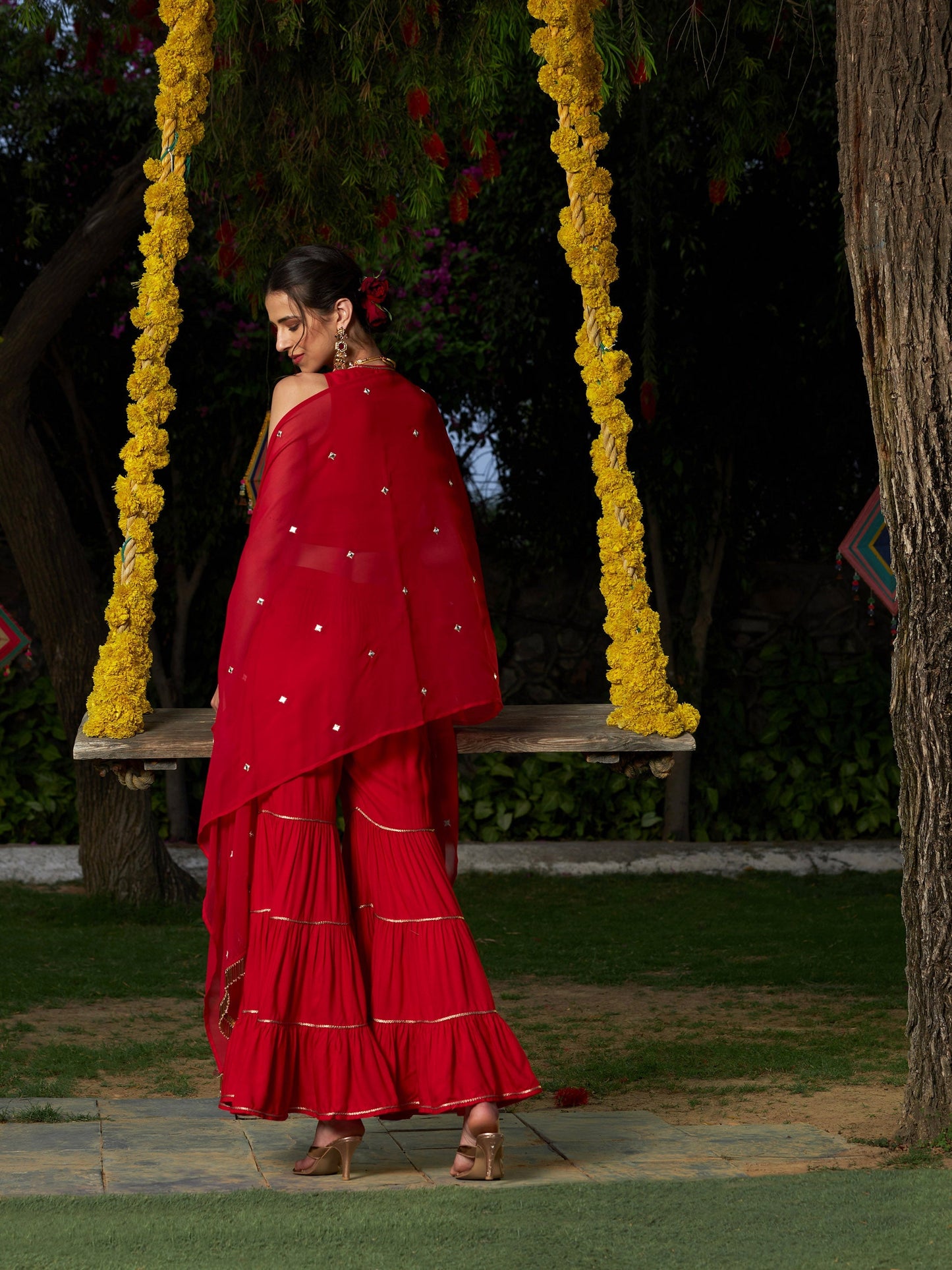 Red Crop Top With Tiered Sharara And Emb Cape