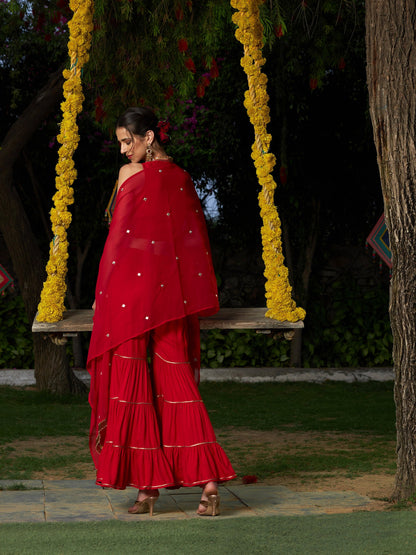Red Crop Top With Tiered Sharara And Emb Cape