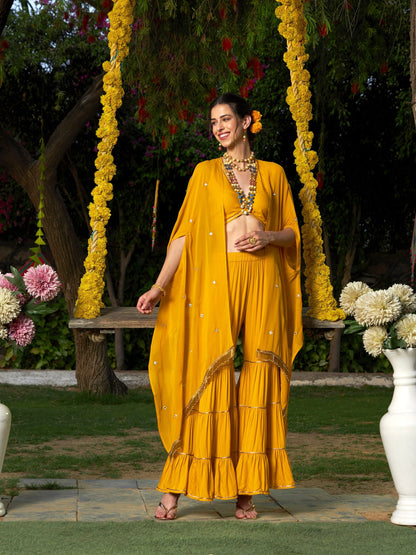 Yellow Crop Top With Tiered Sharara And Emb Cape