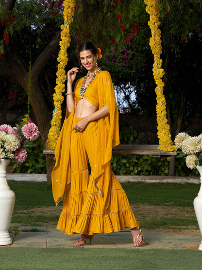 Yellow Crop Top With Tiered Sharara And Emb Cape