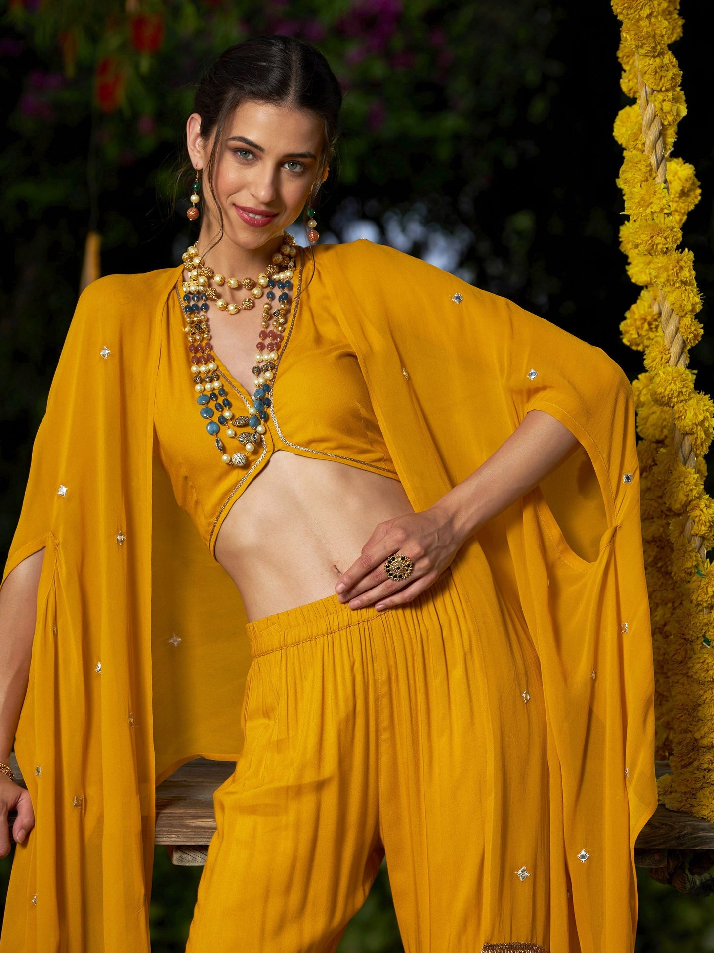 Yellow Crop Top With Tiered Sharara And Emb Cape