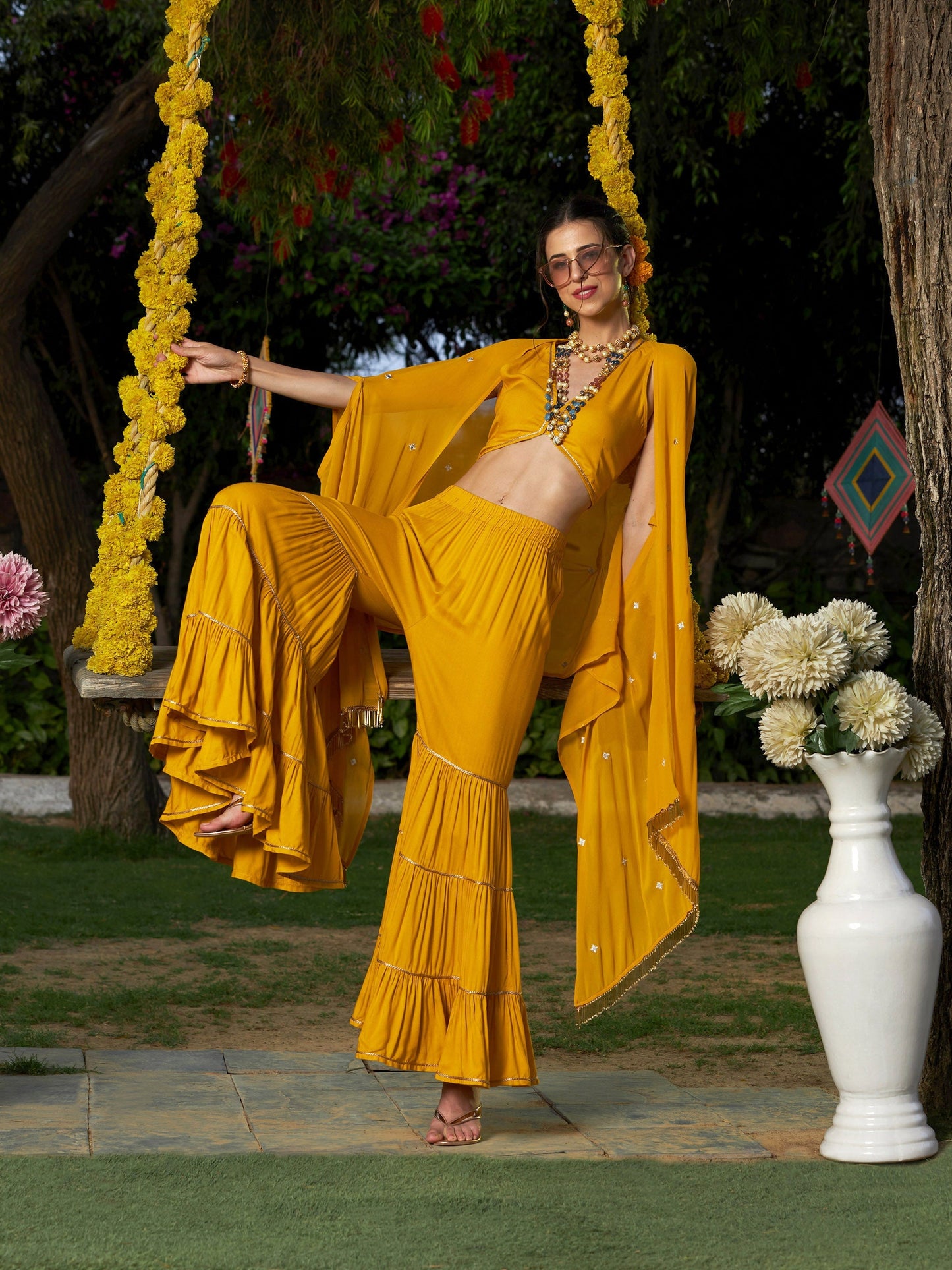 Yellow Crop Top With Tiered Sharara And Emb Cape