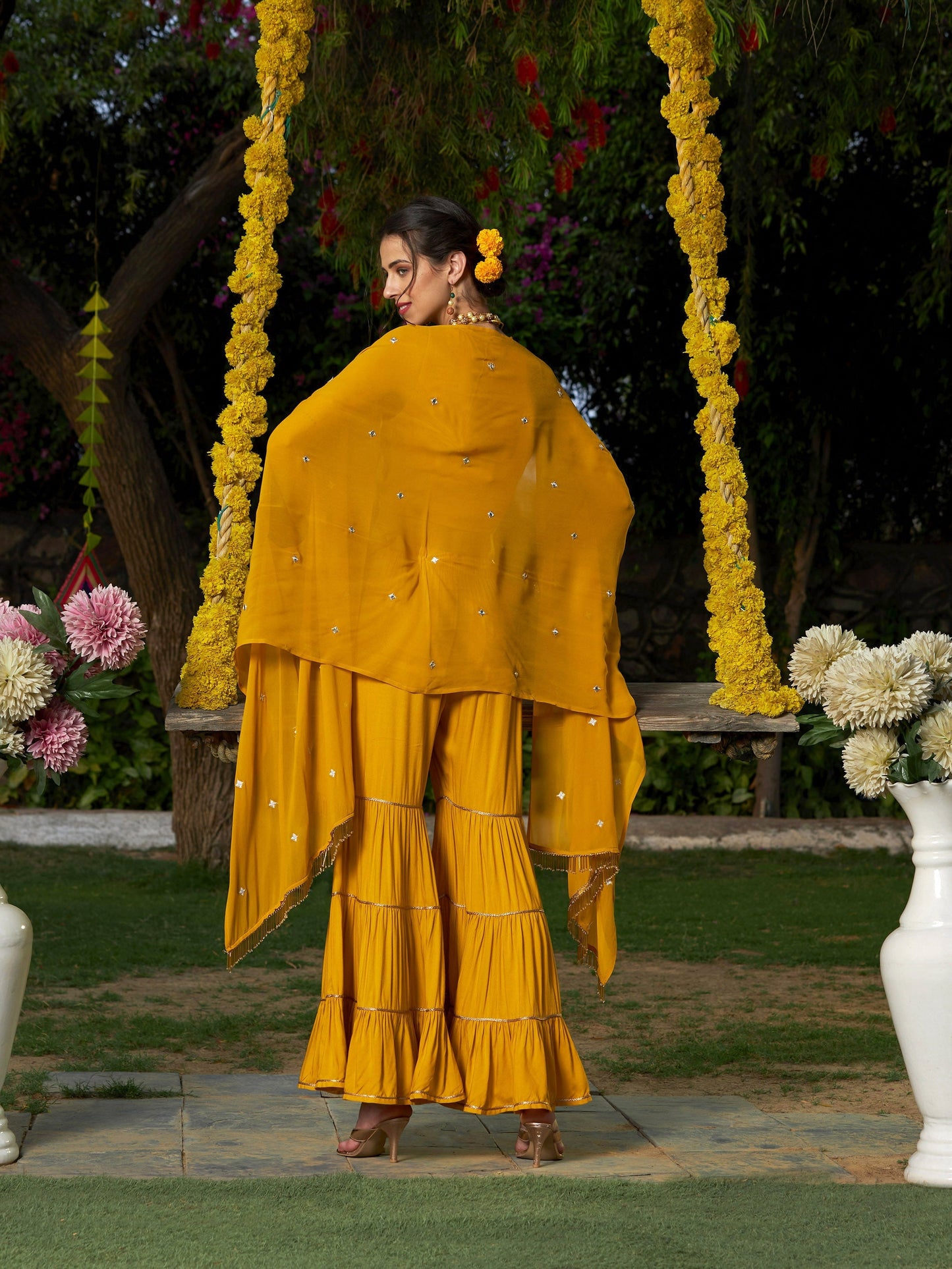 Yellow Crop Top With Tiered Sharara And Emb Cape