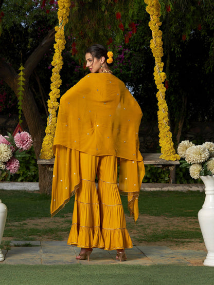 Yellow Crop Top With Tiered Sharara And Emb Cape